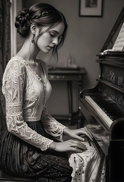 Photo a woman playing a piano with a white dress on