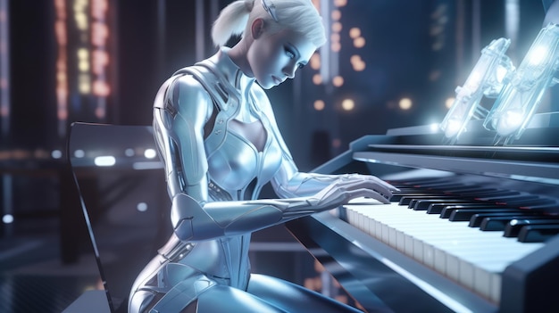 A woman playing a piano with a white robot on the left side