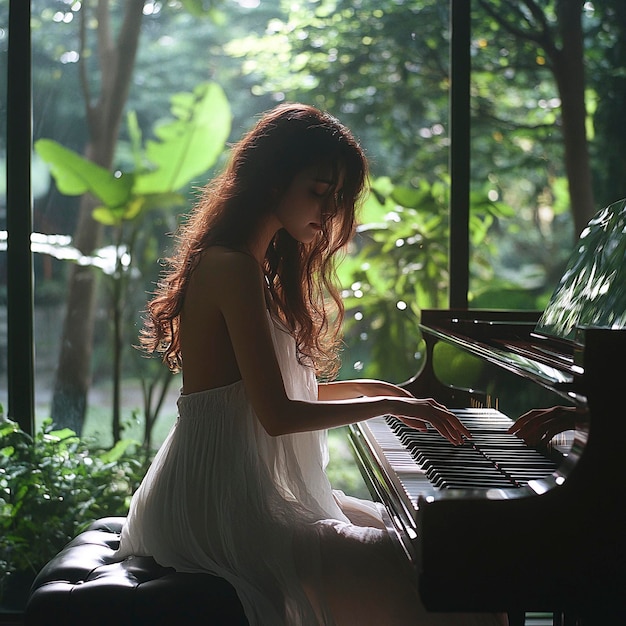 Photo a woman playing a piano in the woods with the sun shining through the trees