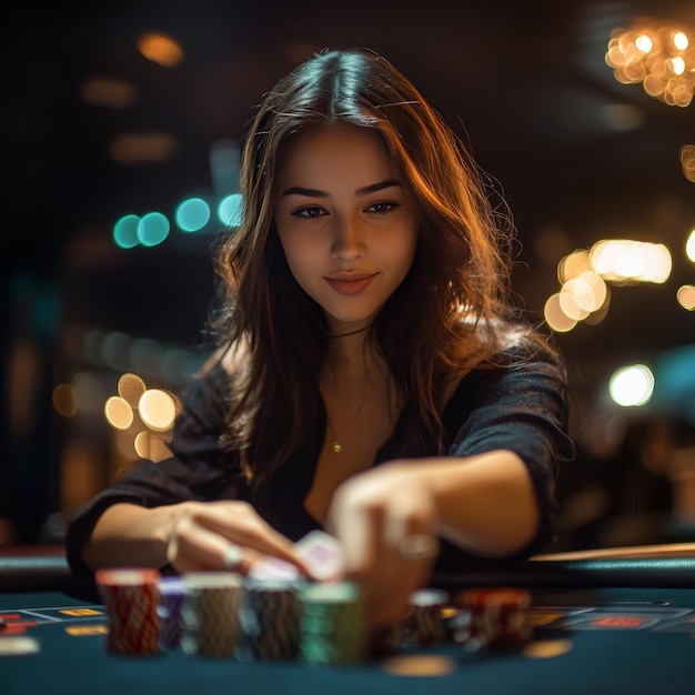 a woman playing poker in a casino with a woman reaching out to her right