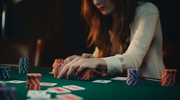 A woman playing poker in a casino