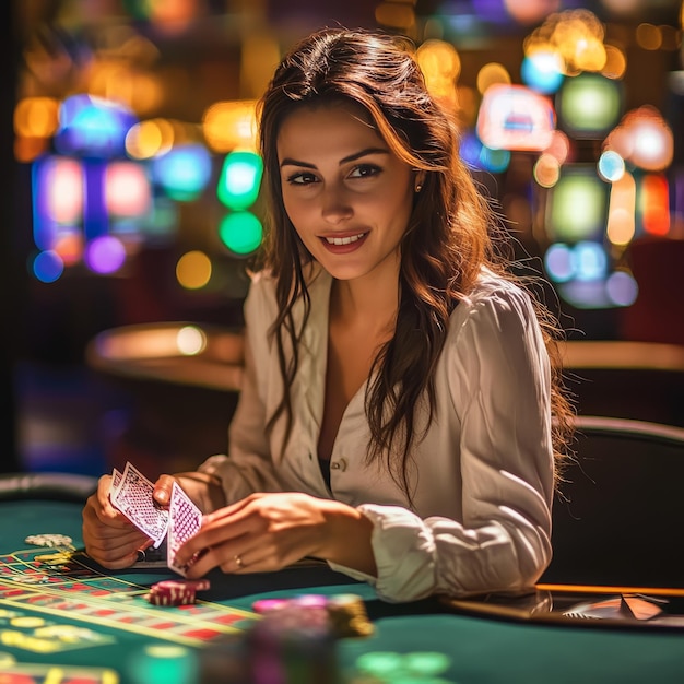 a woman playing poker with a card game in front of a blurry background