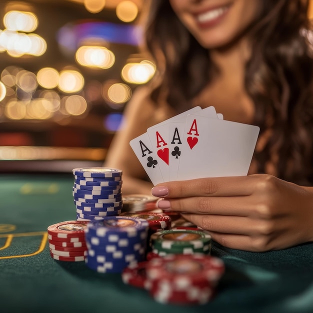 a woman playing poker with a large stack of poker chips