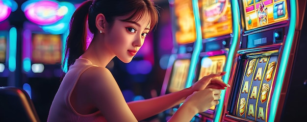 Photo a woman playing a slot machine in a casino