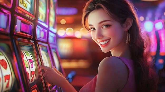 a woman playing a slot machine with a smile on her face