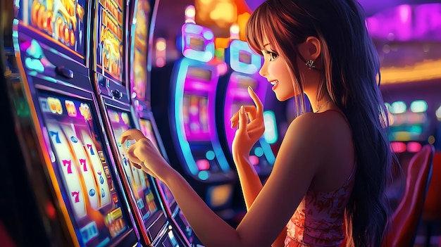 a woman playing a slot machine with the word quot on it