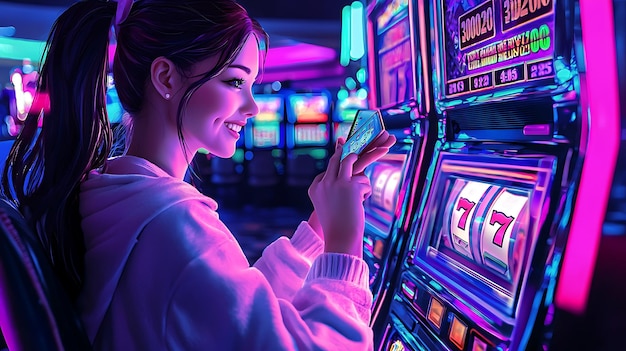 Photo a woman playing a slot machine with the word  on it