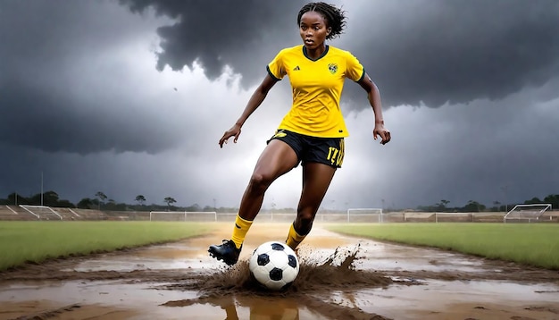 a woman playing soccer with a ball and the word  no  on the front