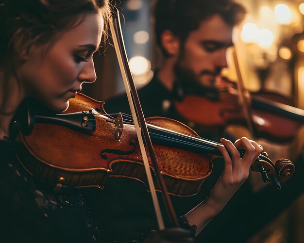 a woman playing the violin with a man playing the violin