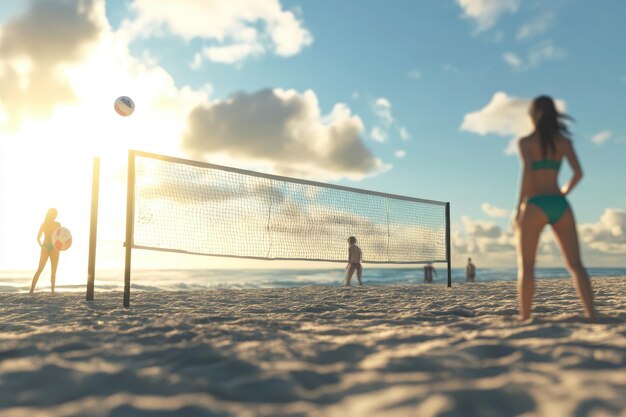 Photo a woman playing volleyball on a beach with a man standing in the background