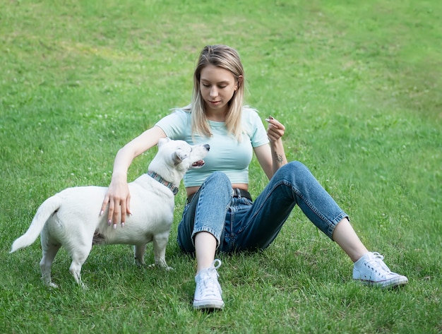 Woman playing with a dog breed Jack Russell Terrier