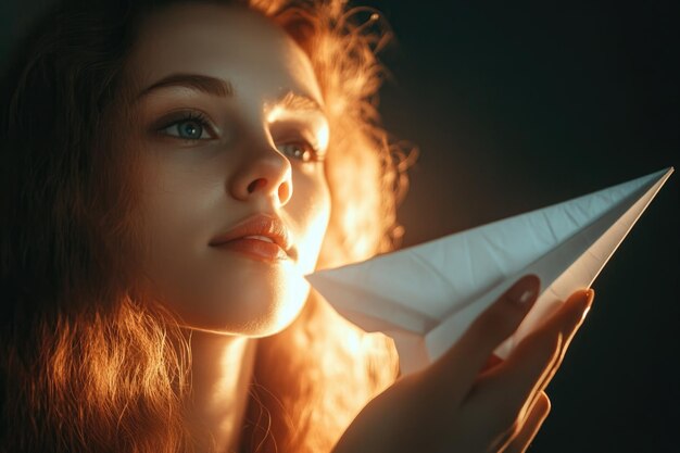 Photo woman playing with a paper plane with copy space