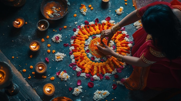 Photo a woman plays a drum with flowers and candles