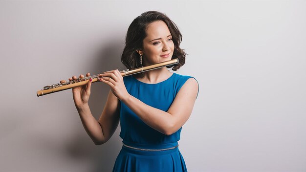 a woman plays a flute with a pair of scissors