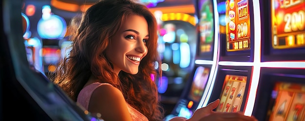 Photo a woman plays a game of slot machines