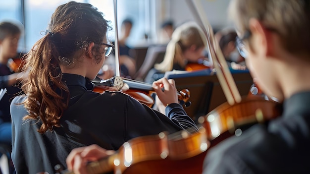 a woman plays the violin in front of a group of other musicians