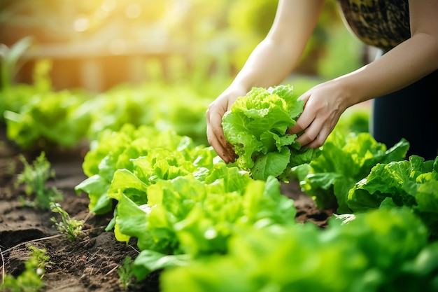 A woman plucks cabbage from the soil