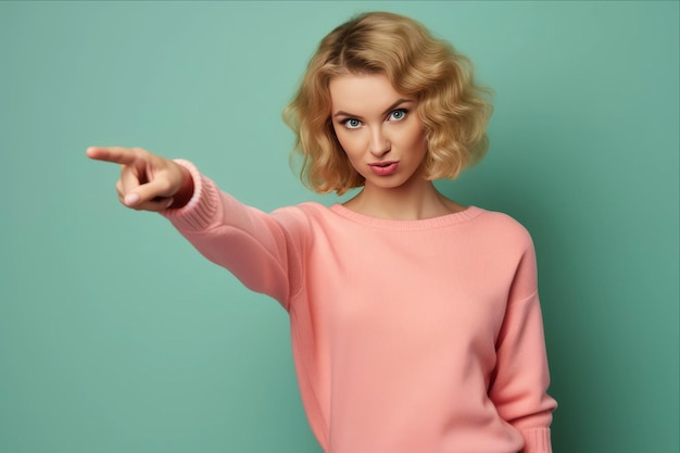 A woman pointing to the right with a pink shirt that says quot she is pointing a finger quot