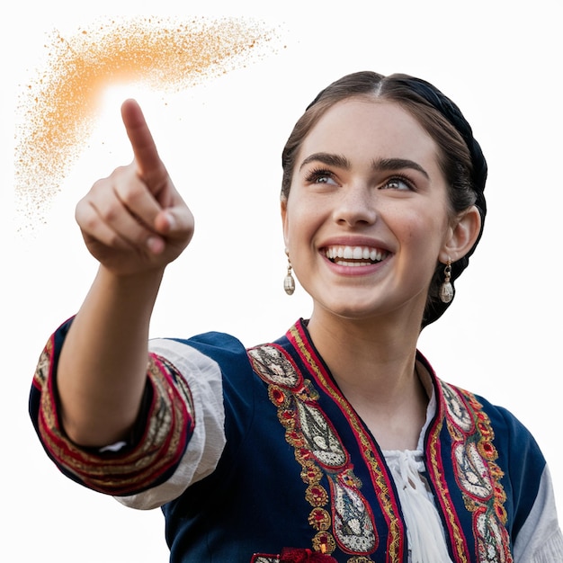 a woman pointing at a star that is on a white background