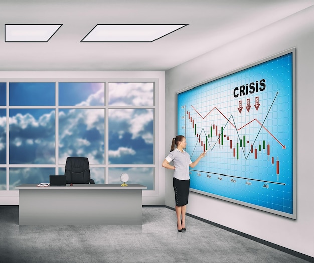 Woman points to crisis chart on screen plasma panel