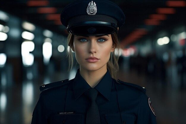 a woman in a police uniform is standing in a tunnel