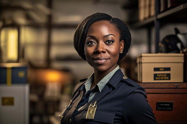 A woman in a police uniform stands in front of a shelf with books and a box of books.