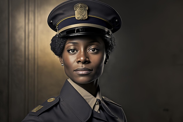 A woman in a police uniform stands in front of a wall