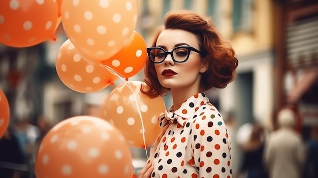 A woman in a polka dot dress holds balloons in front of her.