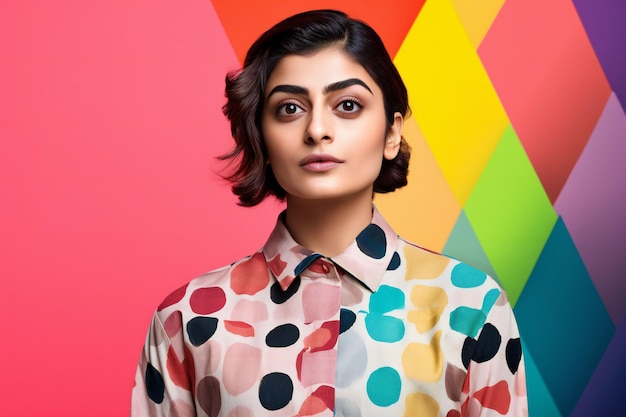 A woman in a polka dot shirt stands in front of a colorful wall.