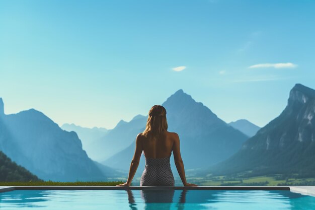 Photo woman in the pool looking out at mountain view landscapes generative ai