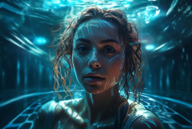 A woman in a pool of water with a blue light behind her