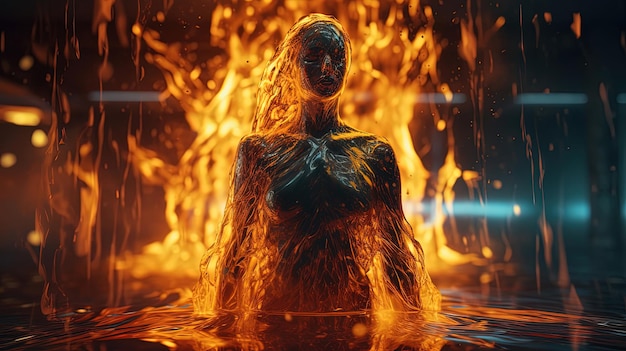 A woman in a pool of water with a fire on the left side.