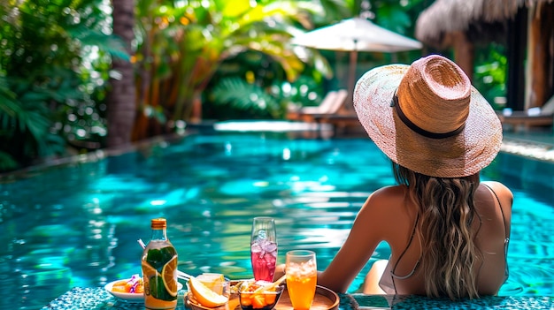 Woman in a pool with fruit Selective focus