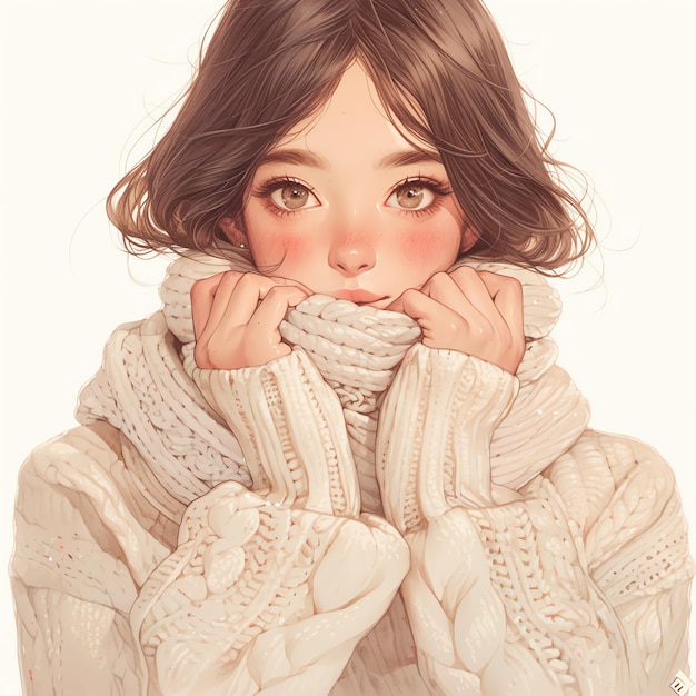 woman portrait in cozy winter sweater watercolor cozy