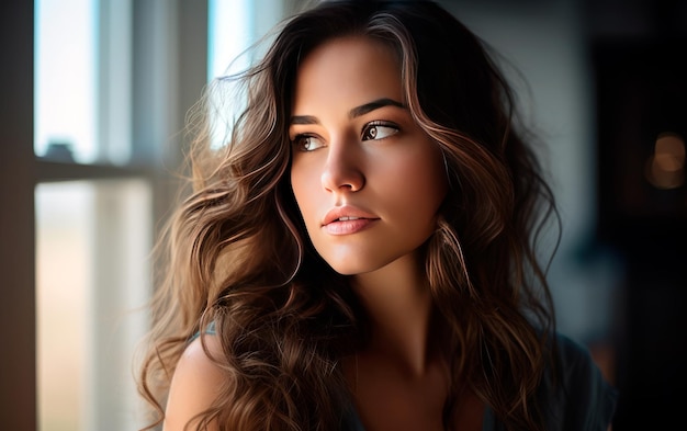 Woman portrait looking out window thoughtful