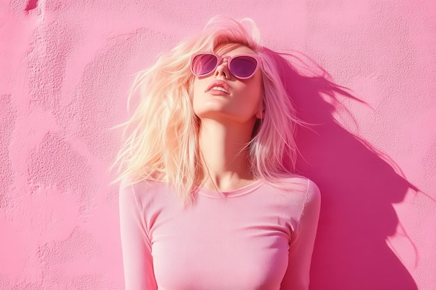 Woman poses against a vibrant pink wall on a sunny day