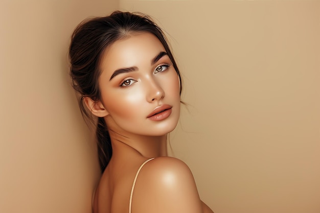 Woman Poses Beautifully Against Beige Background