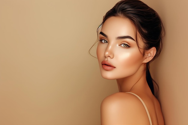 Woman Poses Beautifully Against Beige Background