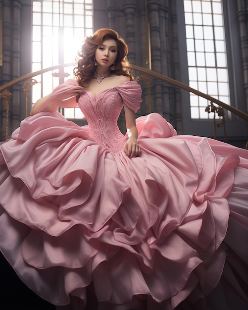 Photo woman poses in pink ball gown