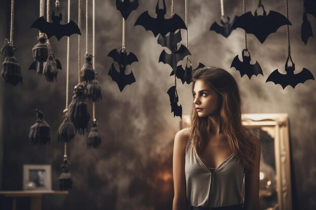 Photo woman posing in bats decoration