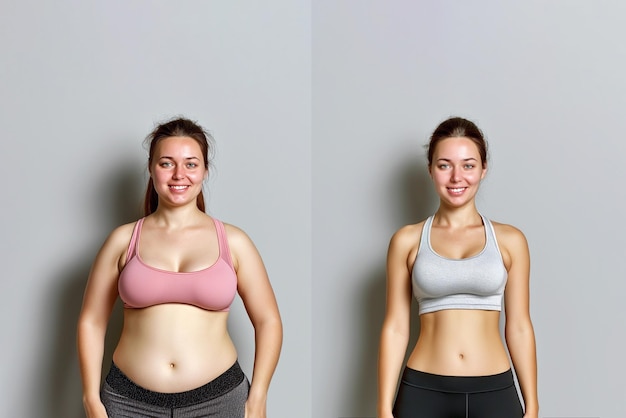 Woman posing before and after weight loss Diet and healthy nutrition Fitness results get fit Liposuction results plastic surgery Transformation from fat to athlete Overweight and slim training