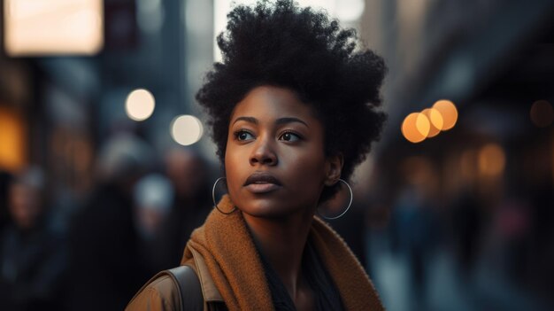 A woman posing on a busy street in a city