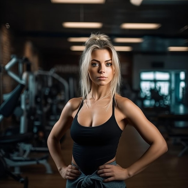 Woman posing confidently in a gym during the late afternoon