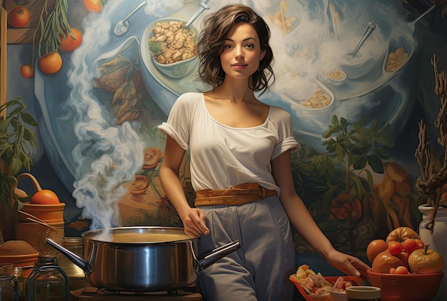 a woman posing in front of a cooking vessel in the style of youthful energy