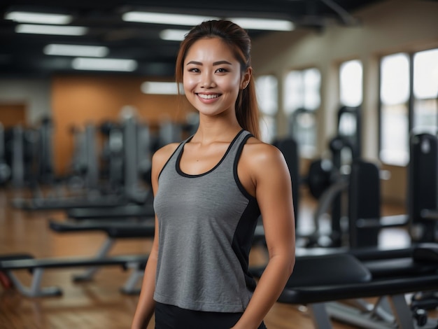 a woman posing in front of a gym with a smile on her face