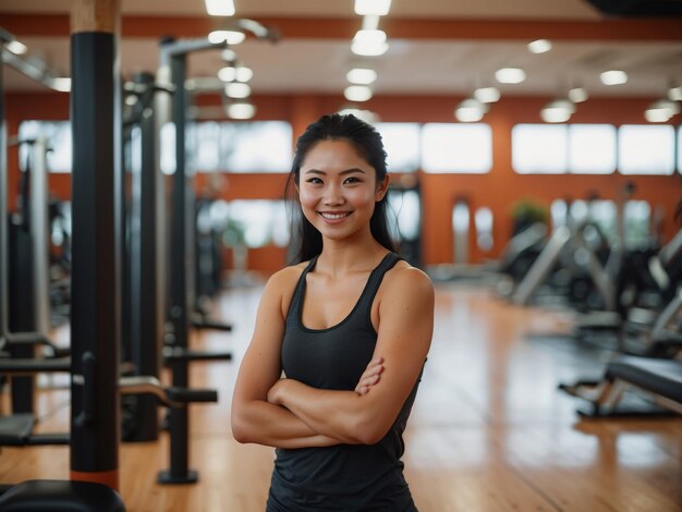 a woman posing in a gym with her arms crossed