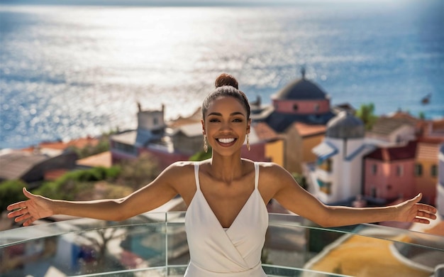 Photo a woman posing for a photo with the ocean in the background