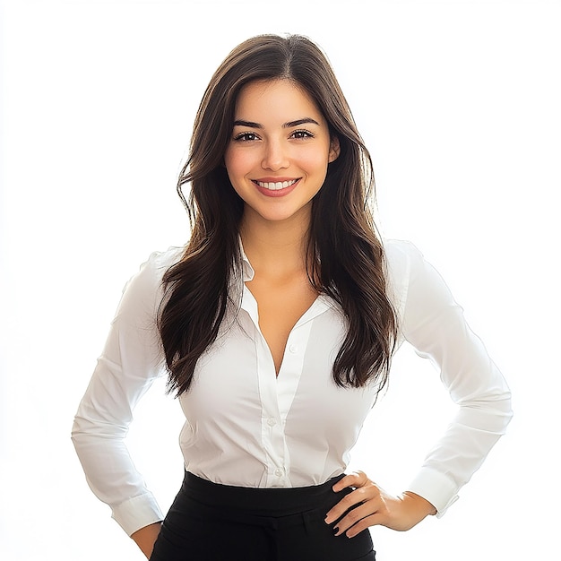 a woman posing for a photo with a white shirt that says she is posing for a photo