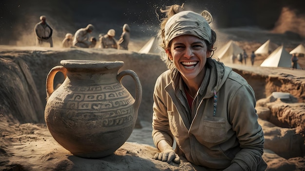 A woman Potter smiling next to a large pot