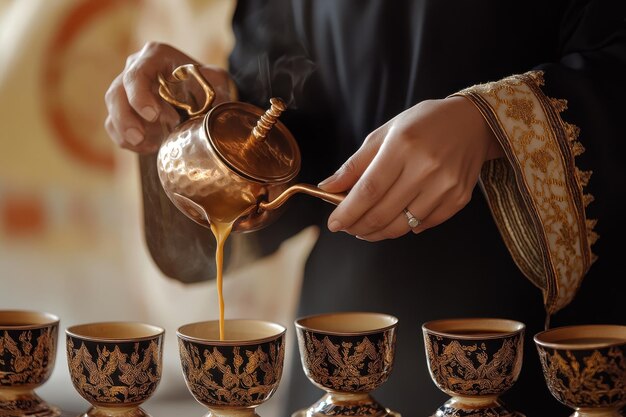 Photo woman pouring coffee from a copper pot into ornate cups